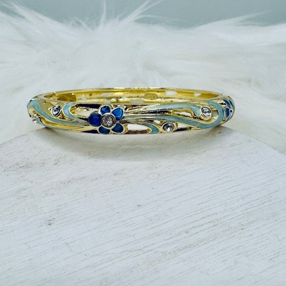 Blue Floral Theme Enamel Cloisonne Bracelet Bangle - Picture 4 of 7